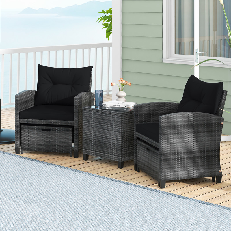5-Piece Patio Rattan Furniture Set with 2 Ottomans & Tempered Glass Coffee Table – Outdoor Wicker Sofa Set