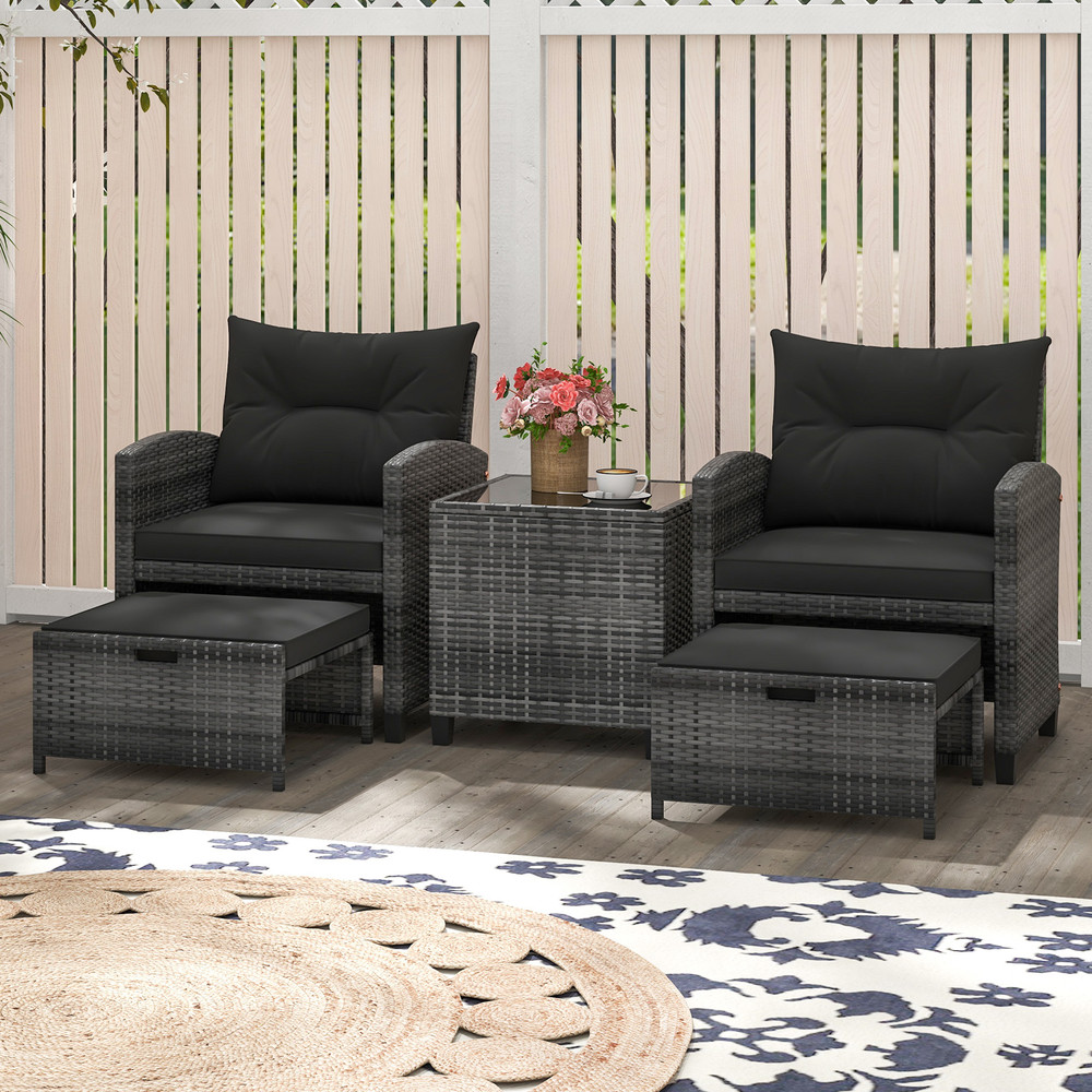 5-Piece Patio Rattan Furniture Set with 2 Ottomans & Tempered Glass Coffee Table – Outdoor Wicker Sofa Set