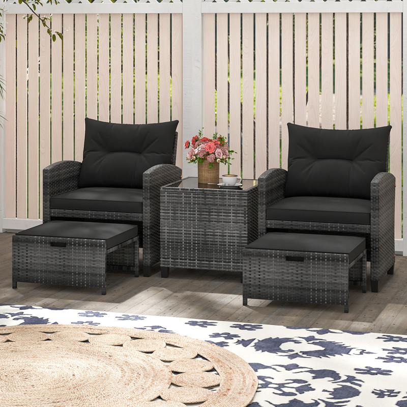 5-Piece Patio Rattan Furniture Set with 2 Ottomans & Tempered Glass Coffee Table – Outdoor Wicker Sofa Set