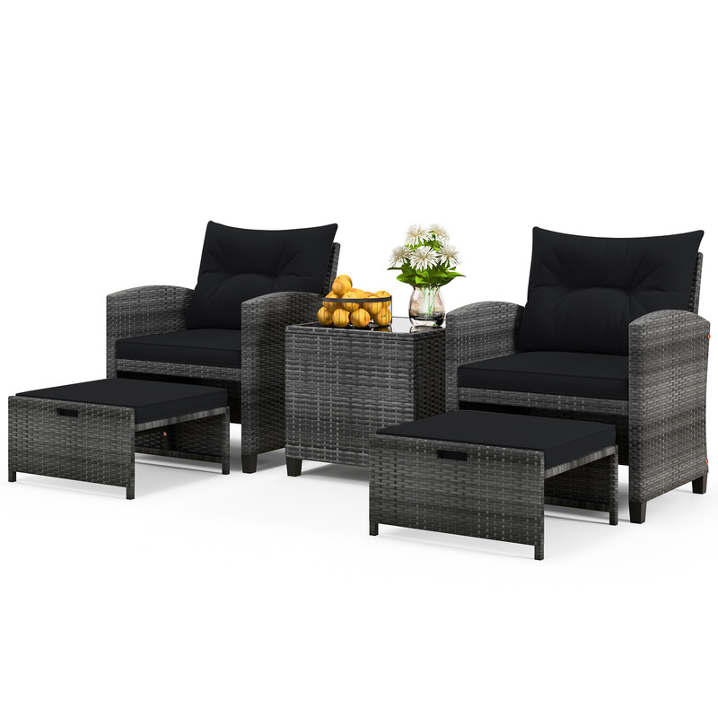 5-Piece Patio Rattan Furniture Set with 2 Ottomans & Tempered Glass Coffee Table – Outdoor Wicker Sofa Set