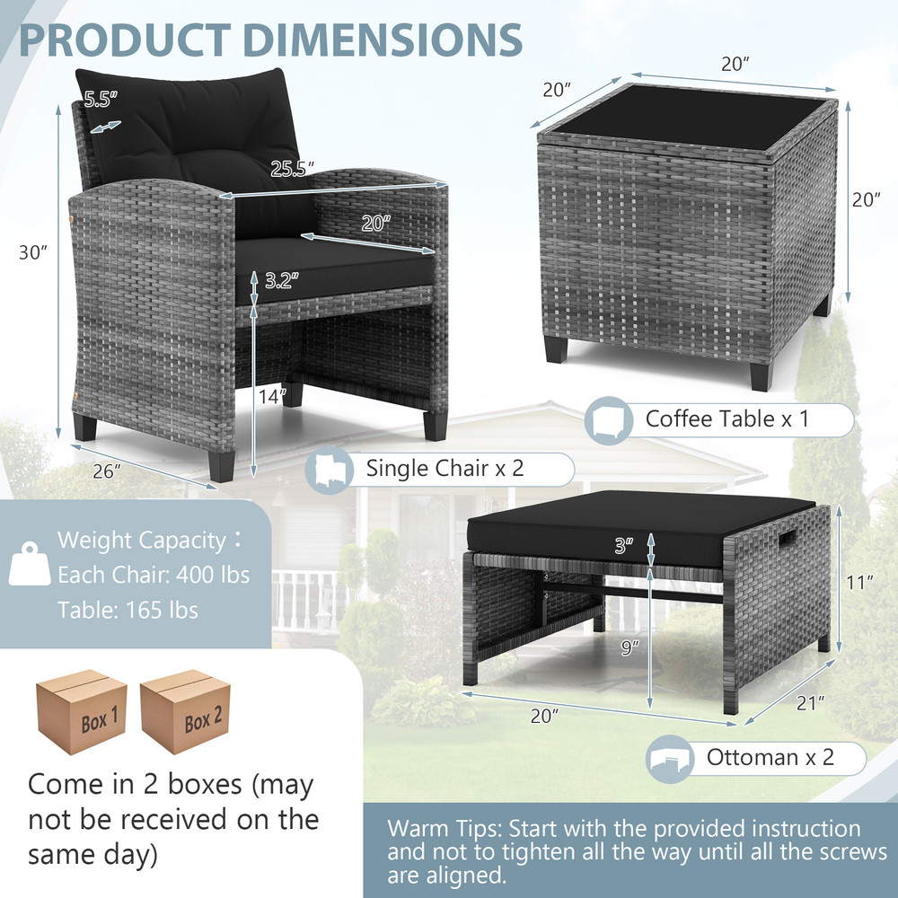 5-Piece Patio Rattan Furniture Set with 2 Ottomans & Tempered Glass Coffee Table – Outdoor Wicker Sofa Set