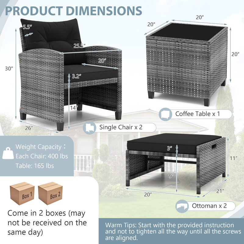 5-Piece Patio Rattan Furniture Set with 2 Ottomans & Tempered Glass Coffee Table – Outdoor Wicker Sofa Set