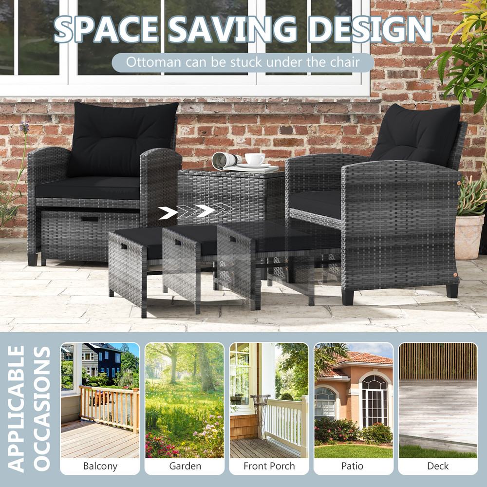 5-Piece Patio Rattan Furniture Set with 2 Ottomans & Tempered Glass Coffee Table – Outdoor Wicker Sofa Set