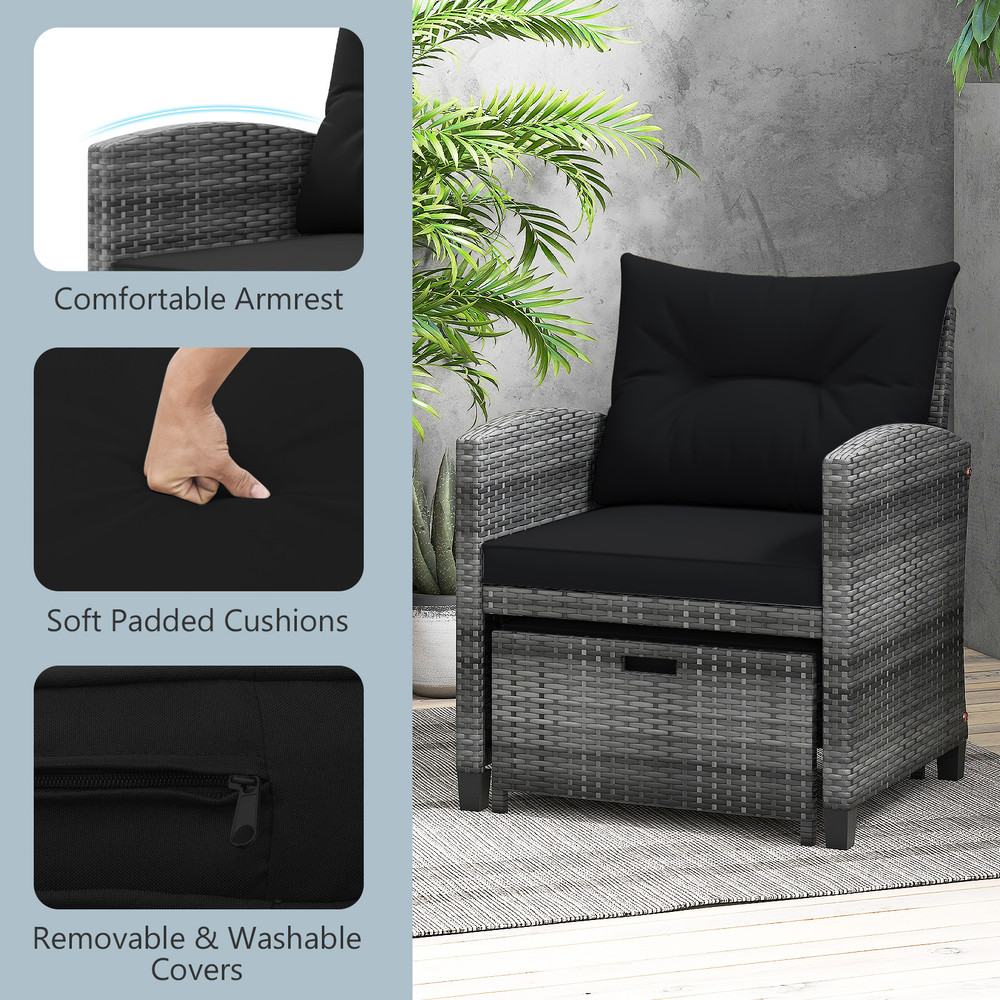 5-Piece Patio Rattan Furniture Set with 2 Ottomans & Tempered Glass Coffee Table – Outdoor Wicker Sofa Set