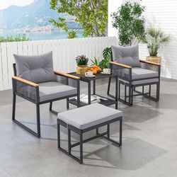 5-piece outdoor rattan conversation set with 2-layer side table & 2 ottomans – patio furniture for backyard & poolside