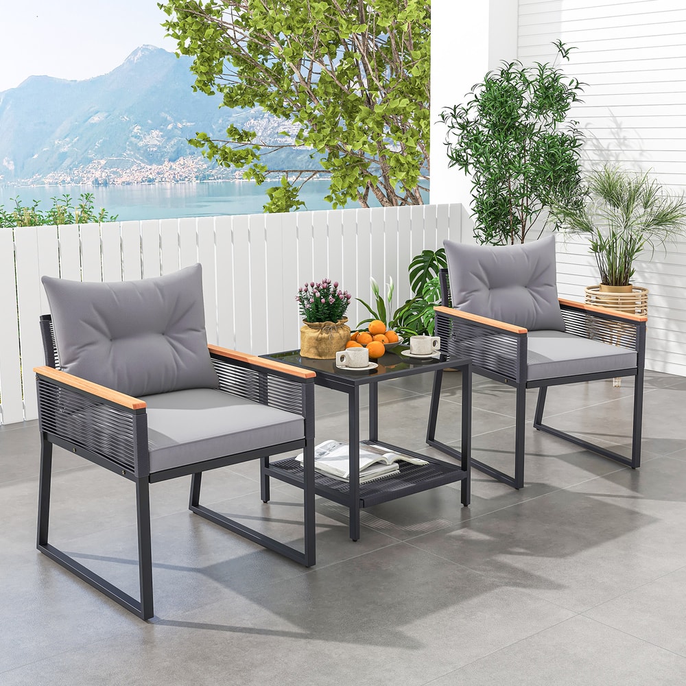 3-Piece Patio Furniture Set with 2-Tier Coffee Table & Soft Seat Cushions – Outdoor Conversation Set