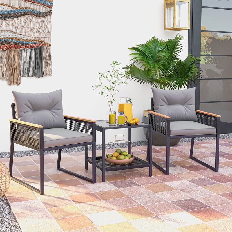 3-Piece Patio Furniture Set with 2-Tier Coffee Table & Soft Seat Cushions – Outdoor Conversation Set
