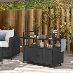 outdoor bar cart wicker buffet serving cart with cabinet & 8 hooks – rolling bar table with tempered glass & pe rattan