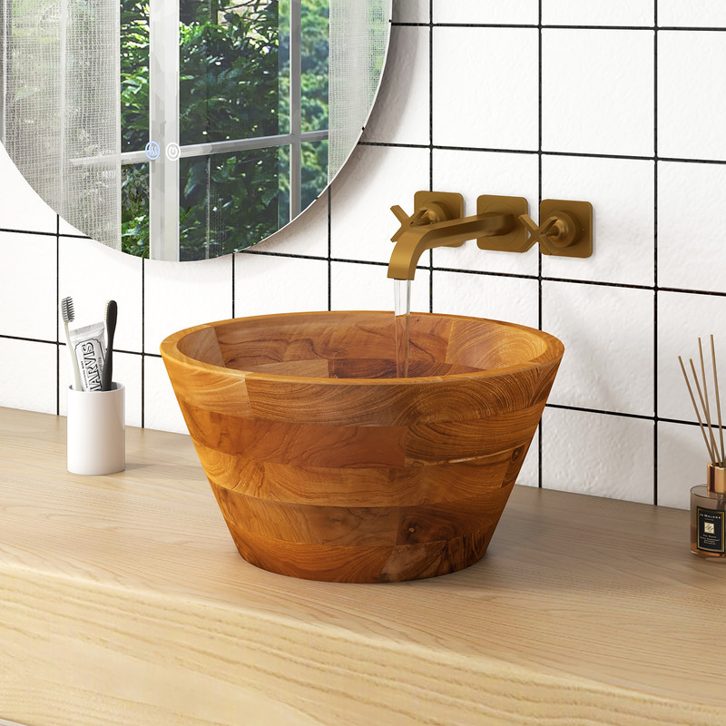 16 Inch Teak Wood Washbasin with Drainage Hole – Smooth Finish, Durable & Water-Resistant