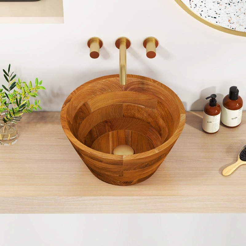 16 Inch Teak Wood Washbasin with Drainage Hole – Smooth Finish, Durable & Water-Resistant