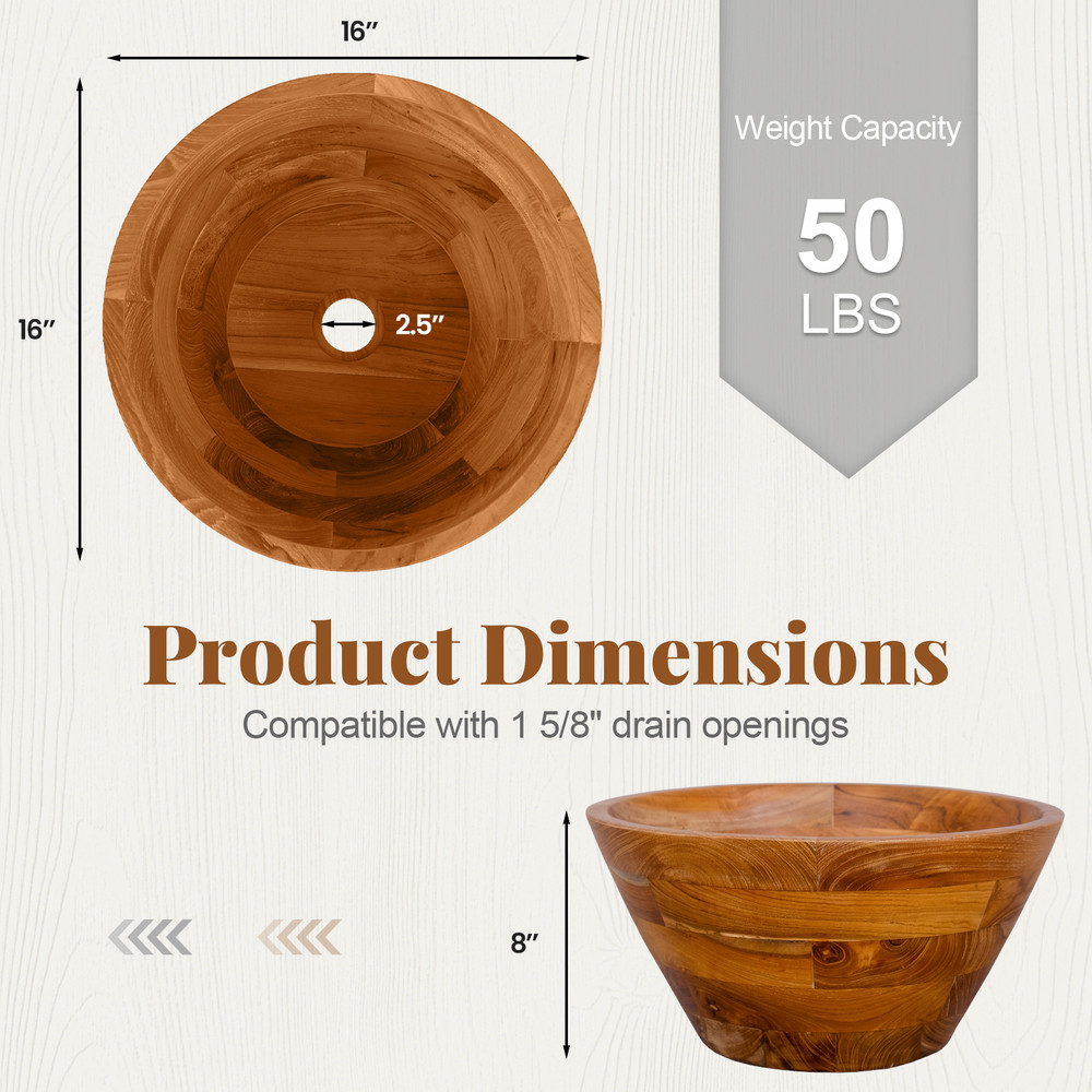 16 Inch Teak Wood Washbasin with Drainage Hole – Smooth Finish, Durable & Water-Resistant