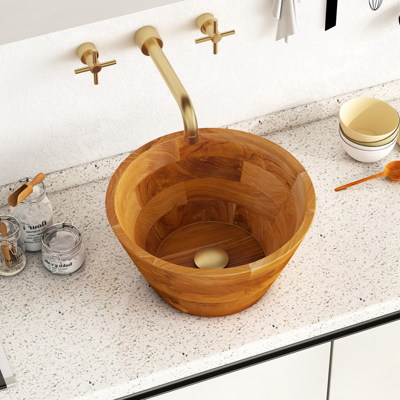 16 Inch Teak Wood Washbasin with Drainage Hole – Smooth Finish, Durable & Water-Resistant