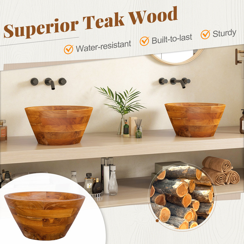 16 Inch Teak Wood Washbasin with Drainage Hole – Smooth Finish, Durable & Water-Resistant