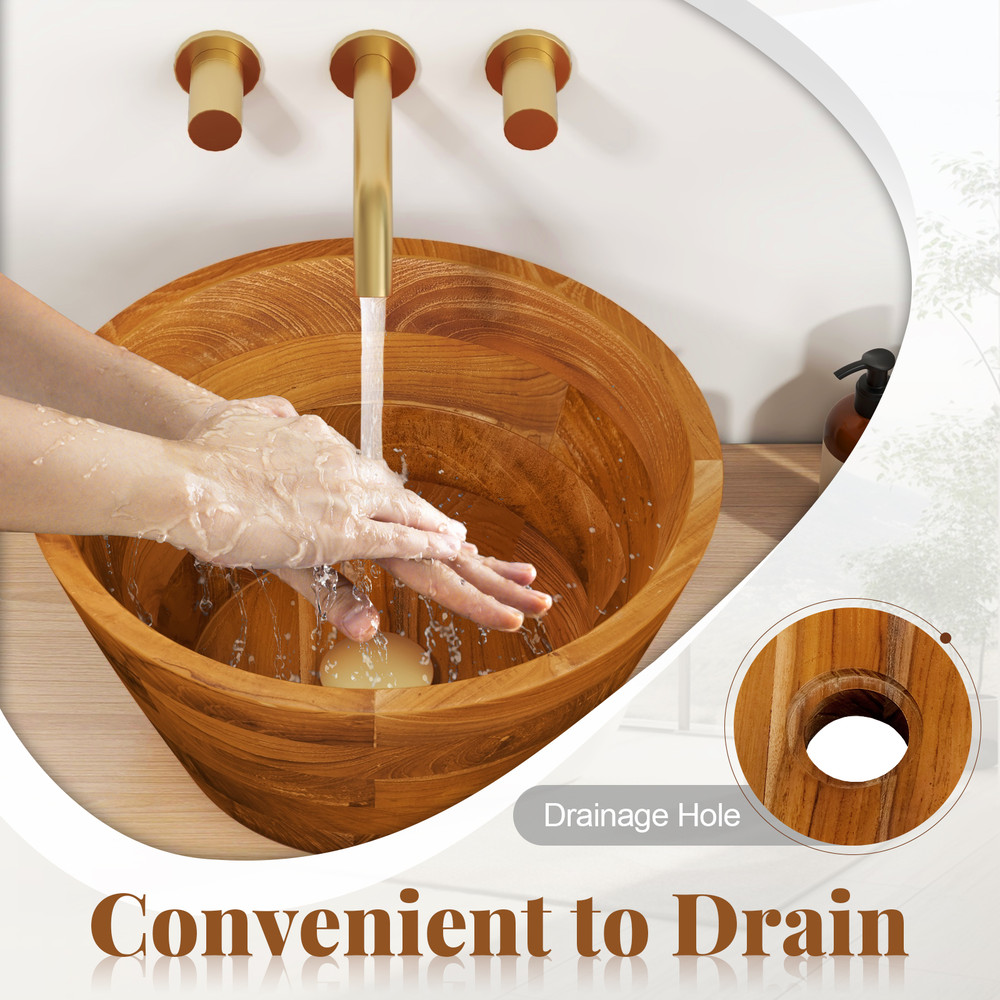 16 Inch Teak Wood Washbasin with Drainage Hole – Smooth Finish, Durable & Water-Resistant
