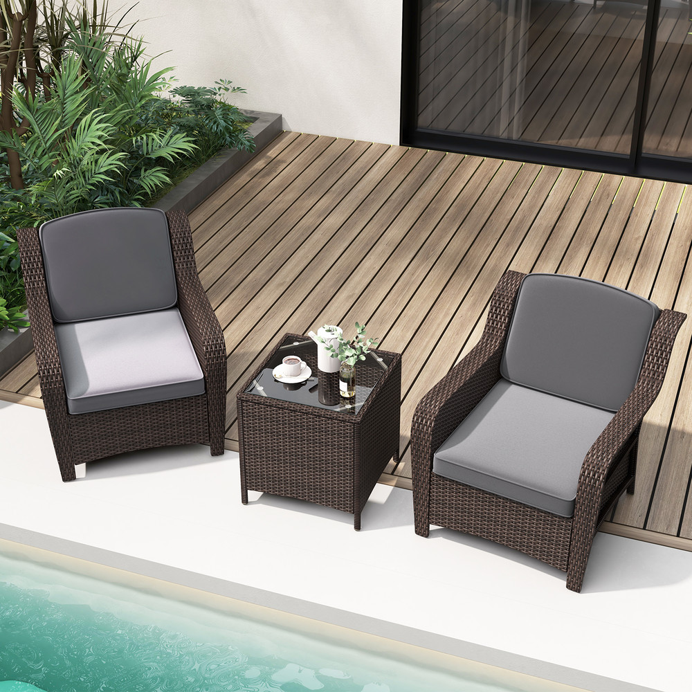 3-Piece Outdoor Rattan Furniture Set with Cushions & Tempered Glass Coffee Table – Patio Conversation Set