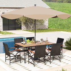 7-piece outdoor dining furniture set for porch, backyard, garden & poolside – acacia wood table & 6 pe rattan chairs