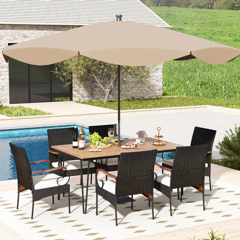 7-Piece Patio Dining Set with Rattan Armchairs, Soft Cushions & 2 Umbrella Hole – Outdoor Furniture for Backyard, Garde