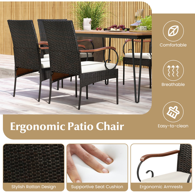 7-Piece Patio Dining Set with Rattan Armchairs, Soft Cushions & 2 Umbrella Hole – Outdoor Furniture for Backyard, Garde