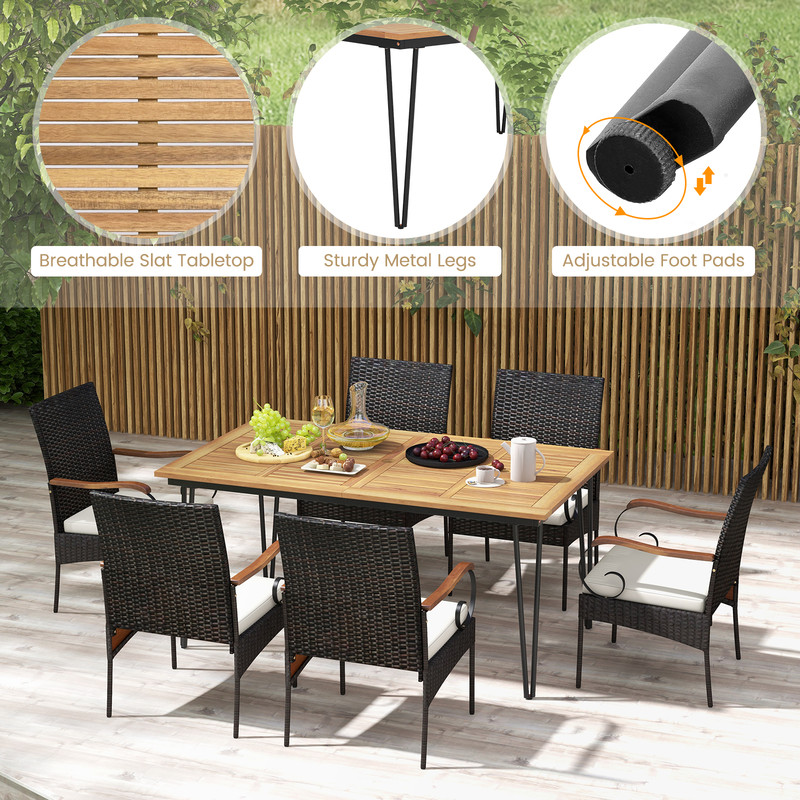 7-Piece Patio Dining Set with Rattan Armchairs, Soft Cushions & 2 Umbrella Hole – Outdoor Furniture for Backyard, Garde