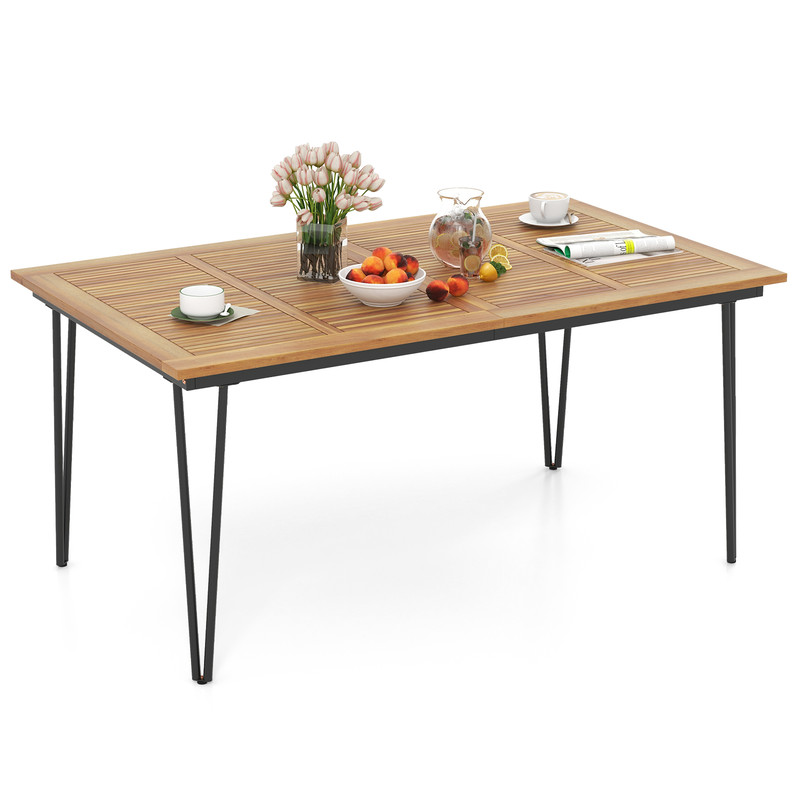 Rectangular Outdoor Dining Table with Acacia Wood Tabletop & Umbrella Hole – Weather-Resistant Patio Table