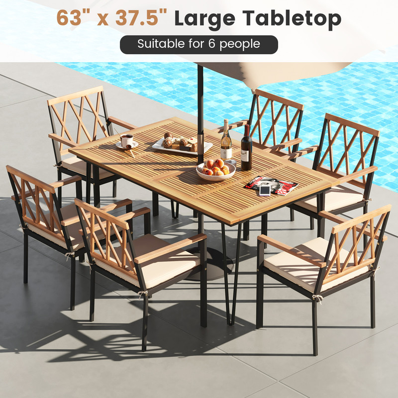 Rectangular Outdoor Dining Table with Acacia Wood Tabletop & Umbrella Hole – Weather-Resistant Patio Table