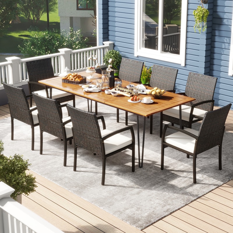 9-Piece Outdoor Patio Dining Set with Soft Cushions & Acacia Wood Square Table – Elegant Rattan Furniture