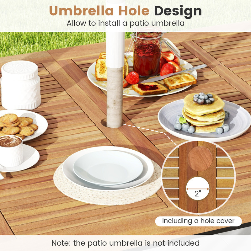 Rectangular Outdoor Dining Table with Acacia Wood Tabletop & Umbrella Hole – Weather-Resistant Patio Table
