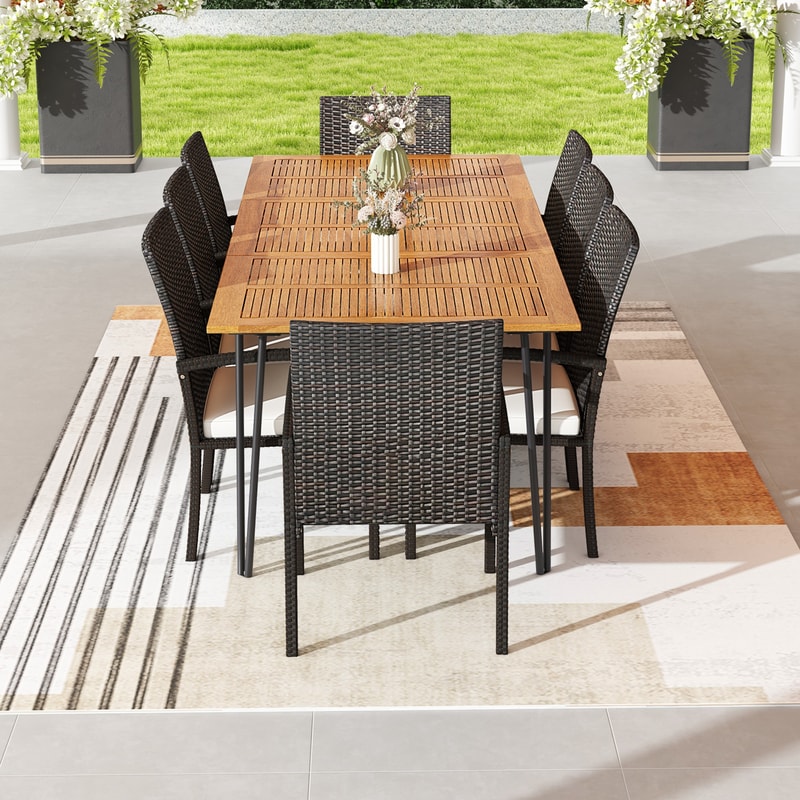 9-Piece Outdoor Patio Dining Set with Soft Cushions & Acacia Wood Square Table – Elegant Rattan Furniture