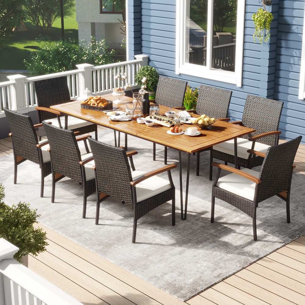 9-Piece Outdoor Patio Dining Set with Acacia Wood Square Table & Umbrella Hole – 8 PE Rattan Chairs
