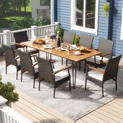 9-piece outdoor patio dining set with acacia wood square table & umbrella hole – 8 pe rattan chairs