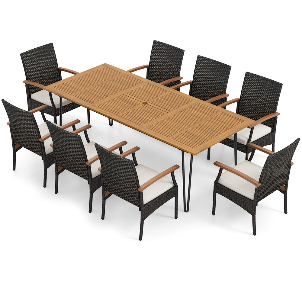 9-Piece Outdoor Patio Dining Set with Acacia Wood Square Table & Umbrella Hole – 8 PE Rattan Chairs