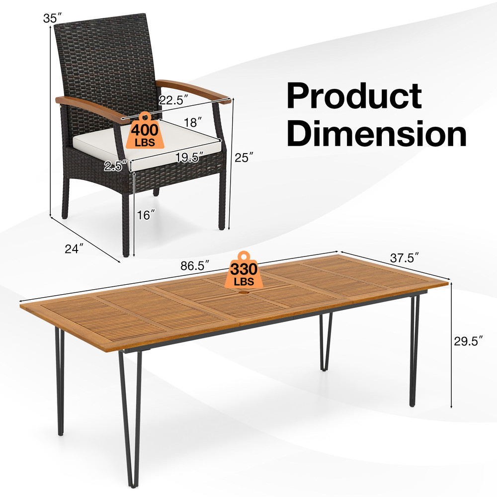 9-Piece Outdoor Patio Dining Set with Acacia Wood Square Table & Umbrella Hole – 8 PE Rattan Chairs