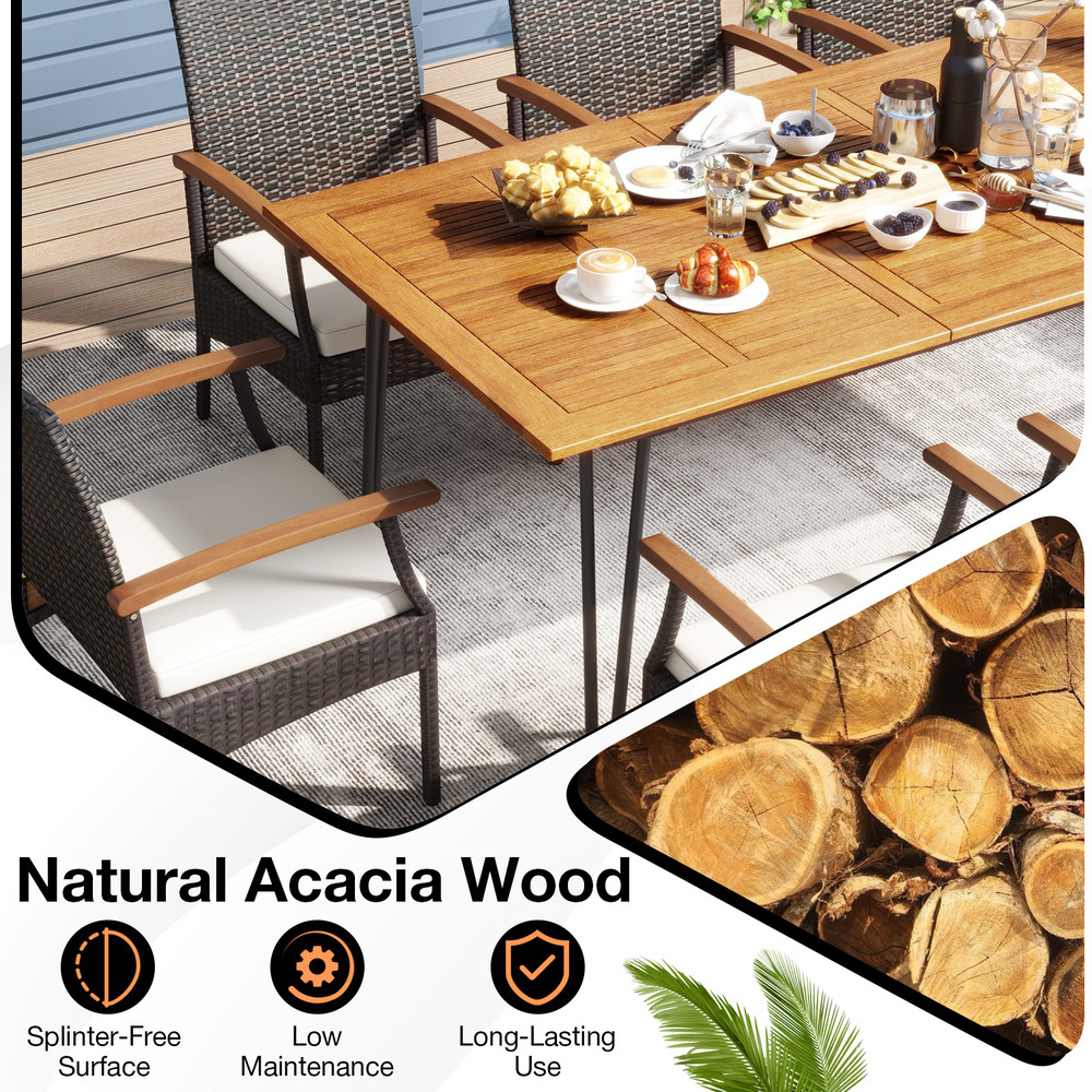 9-Piece Outdoor Patio Dining Set with Acacia Wood Square Table & Umbrella Hole – 8 PE Rattan Chairs