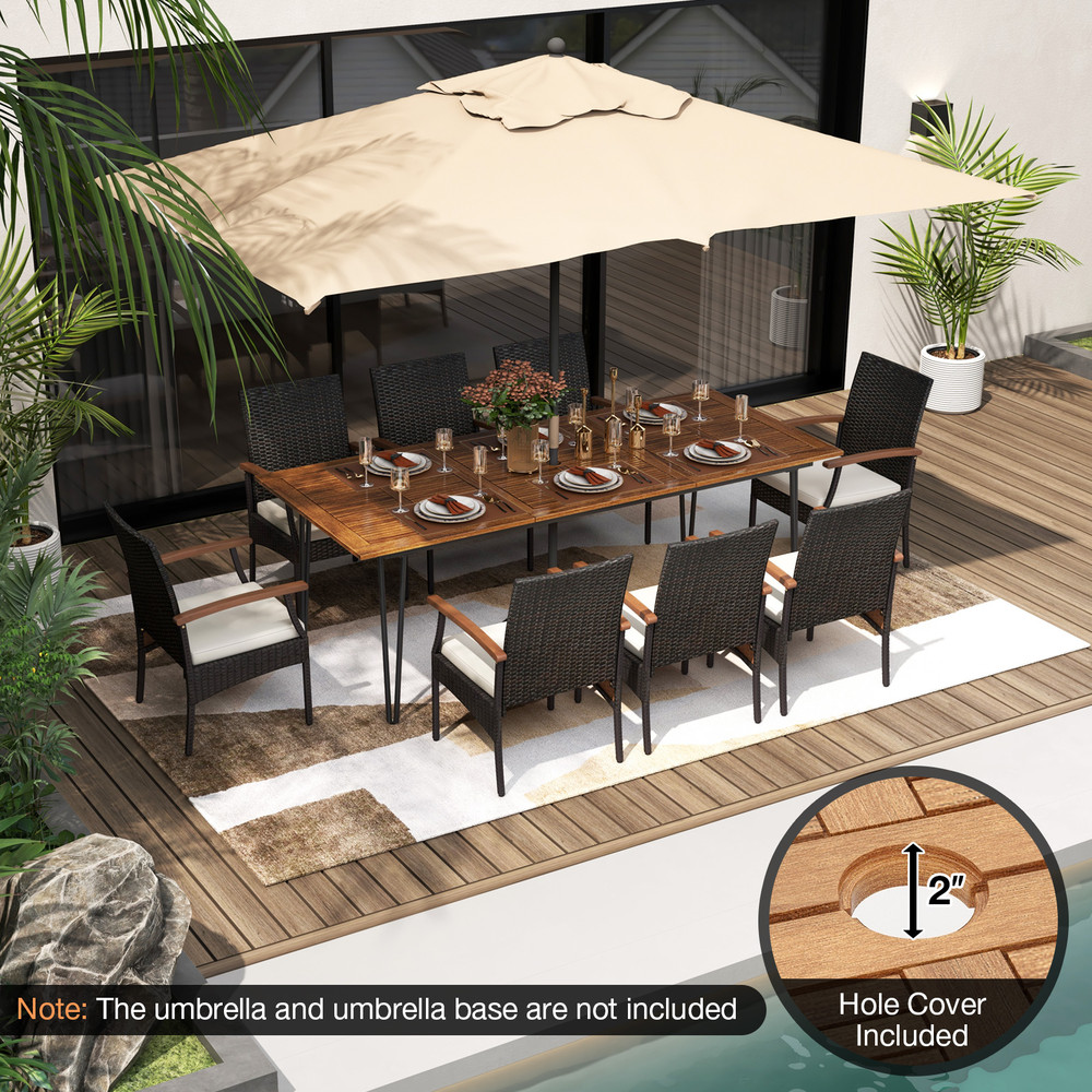 9-Piece Outdoor Patio Dining Set with Acacia Wood Square Table & Umbrella Hole – 8 PE Rattan Chairs