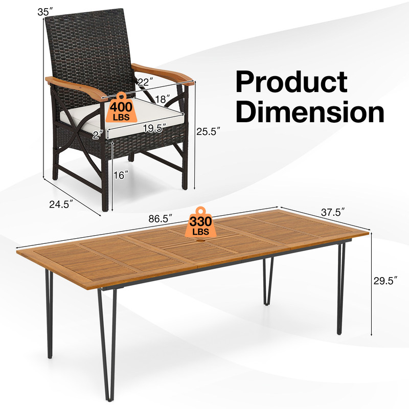 Wicker Patio Furniture Set of 8 Armchairs with Soft Cushions & Acacia Wood Table – 9-Piece Outdoor Dining Ensemble