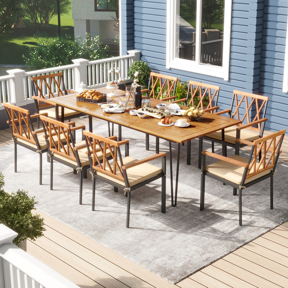 9-Piece Acacia Wood Outdoor Furniture Set – Patio Dining Set with 8 Chairs, Rectangular Table & Cushions