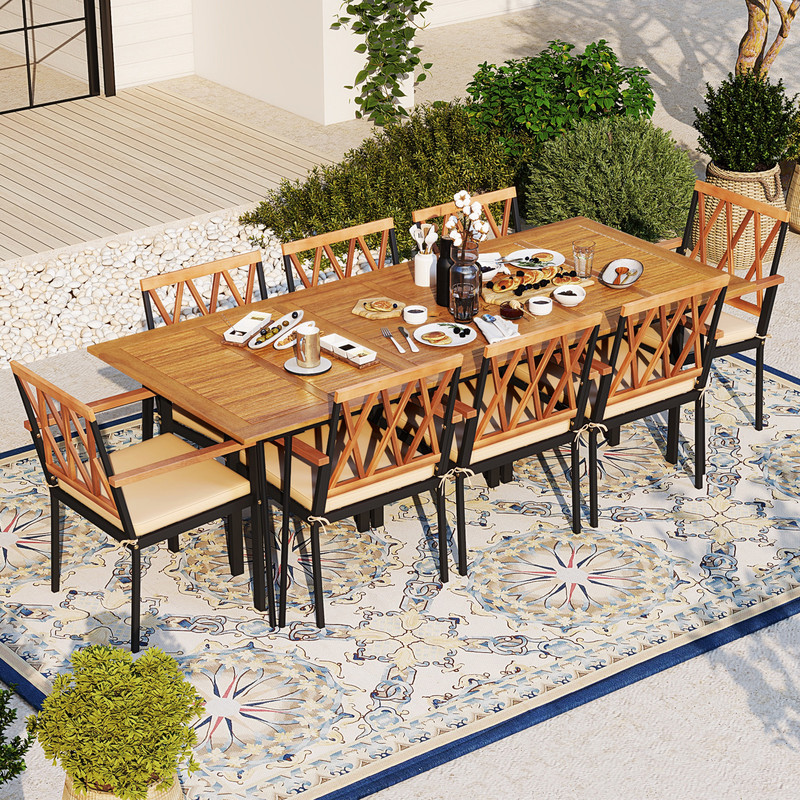 9-Piece Acacia Wood Outdoor Furniture Set – Patio Dining Set with 8 Chairs, Rectangular Table & Cushions