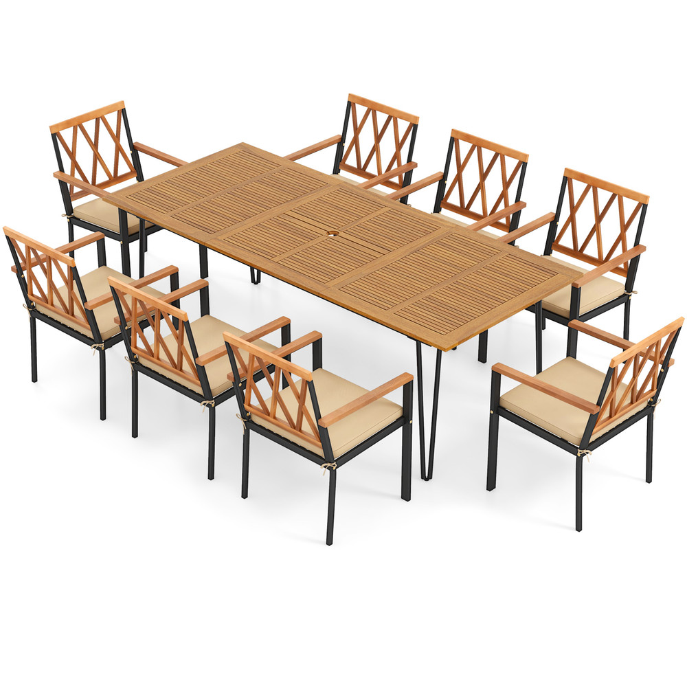 9-Piece Acacia Wood Outdoor Furniture Set – Patio Dining Set with 8 Chairs, Rectangular Table & Cushions