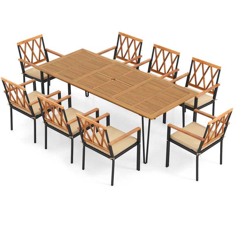 9-Piece Acacia Wood Outdoor Furniture Set – Patio Dining Set with 8 Chairs, Rectangular Table & Cushions