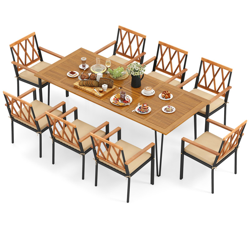 9-Piece Acacia Wood Outdoor Furniture Set – Patio Dining Set with 8 Chairs, Rectangular Table & Cushions