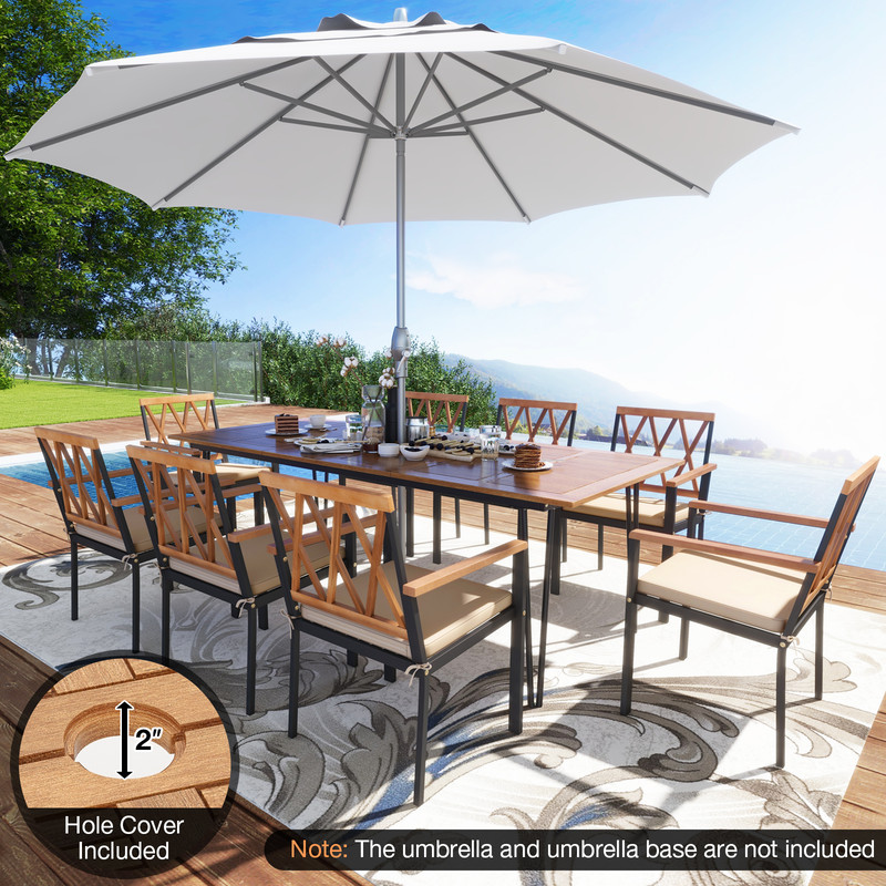 9-Piece Acacia Wood Outdoor Furniture Set – Patio Dining Set with 8 Chairs, Rectangular Table & Cushions