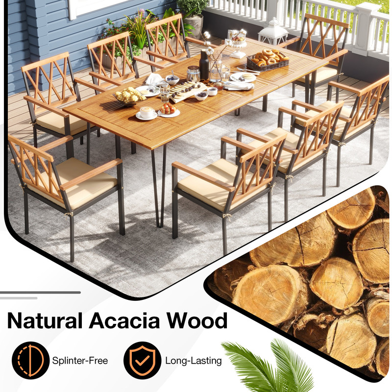9-Piece Acacia Wood Outdoor Furniture Set – Patio Dining Set with 8 Chairs, Rectangular Table & Cushions
