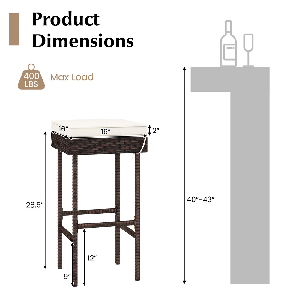 Patio Rattan Barstools Set of 2/4 with Footrest & Soft Cushions – Outdoor Wicker Bar Height Chairs for Backyard, Balcony