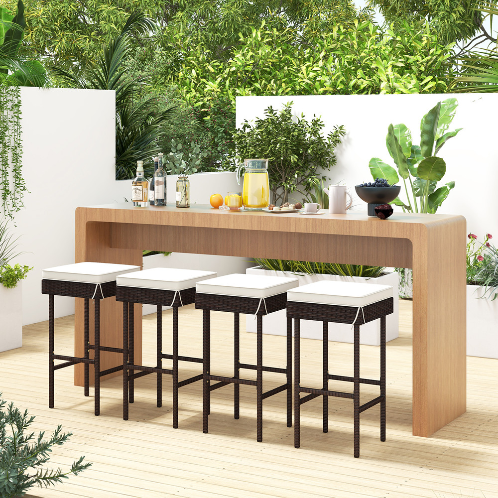 Patio Rattan Barstools Set of 2/4 with Footrest & Soft Cushions – Outdoor Wicker Bar Height Chairs for Backyard, Balcony
