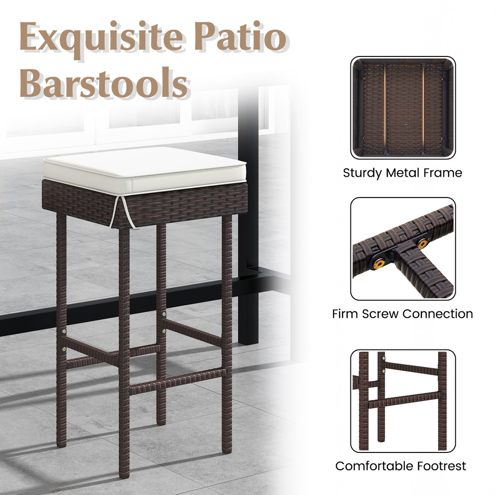 Patio Rattan Barstools Set of 2/4 with Footrest & Soft Cushions – Outdoor Wicker Bar Height Chairs for Backyard, Balcony