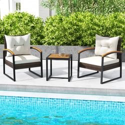 3 piece patio conversation set with solid acacia wood armrests & tabletop – outdoor wicker furniture