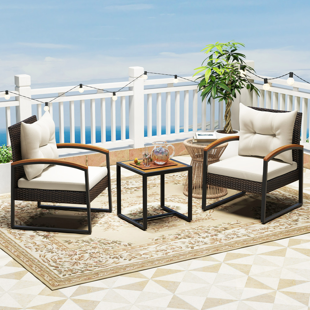3 Piece Patio Conversation Set with Solid Acacia Wood Armrests & Tabletop – Outdoor Wicker Furniture