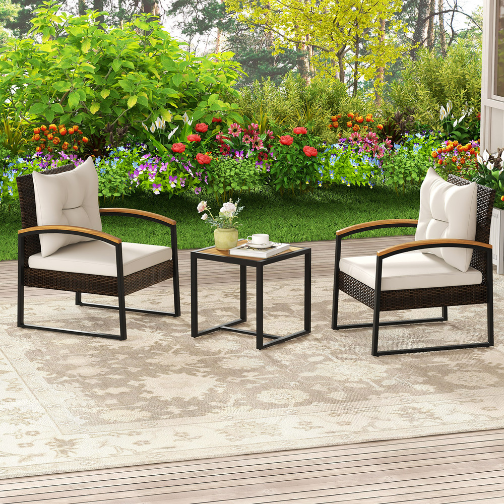 3 Piece Patio Conversation Set with Solid Acacia Wood Armrests & Tabletop – Outdoor Wicker Furniture
