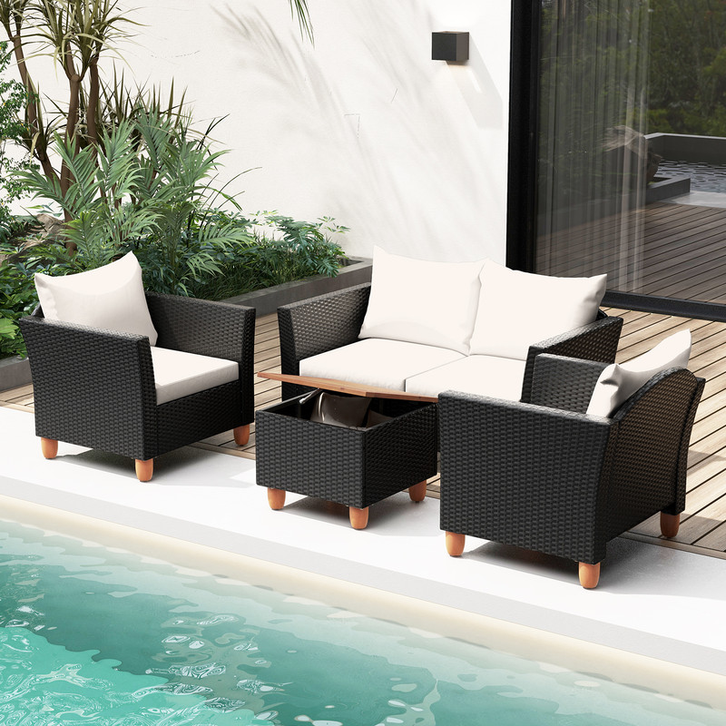 4-Piece Outdoor Conversation Set with Storage Coffee Table – PE Wicker Patio Furniture with Cushions