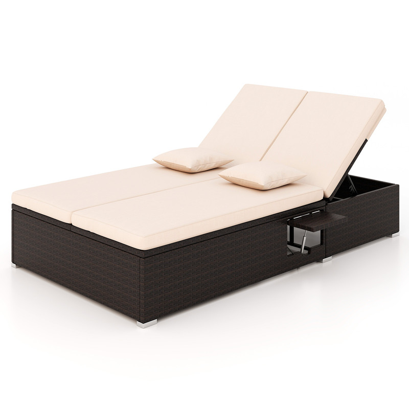 Patio Double Chaise Lounge With Cushions  Folding Side Trays Adjustable Backrest For Two 7